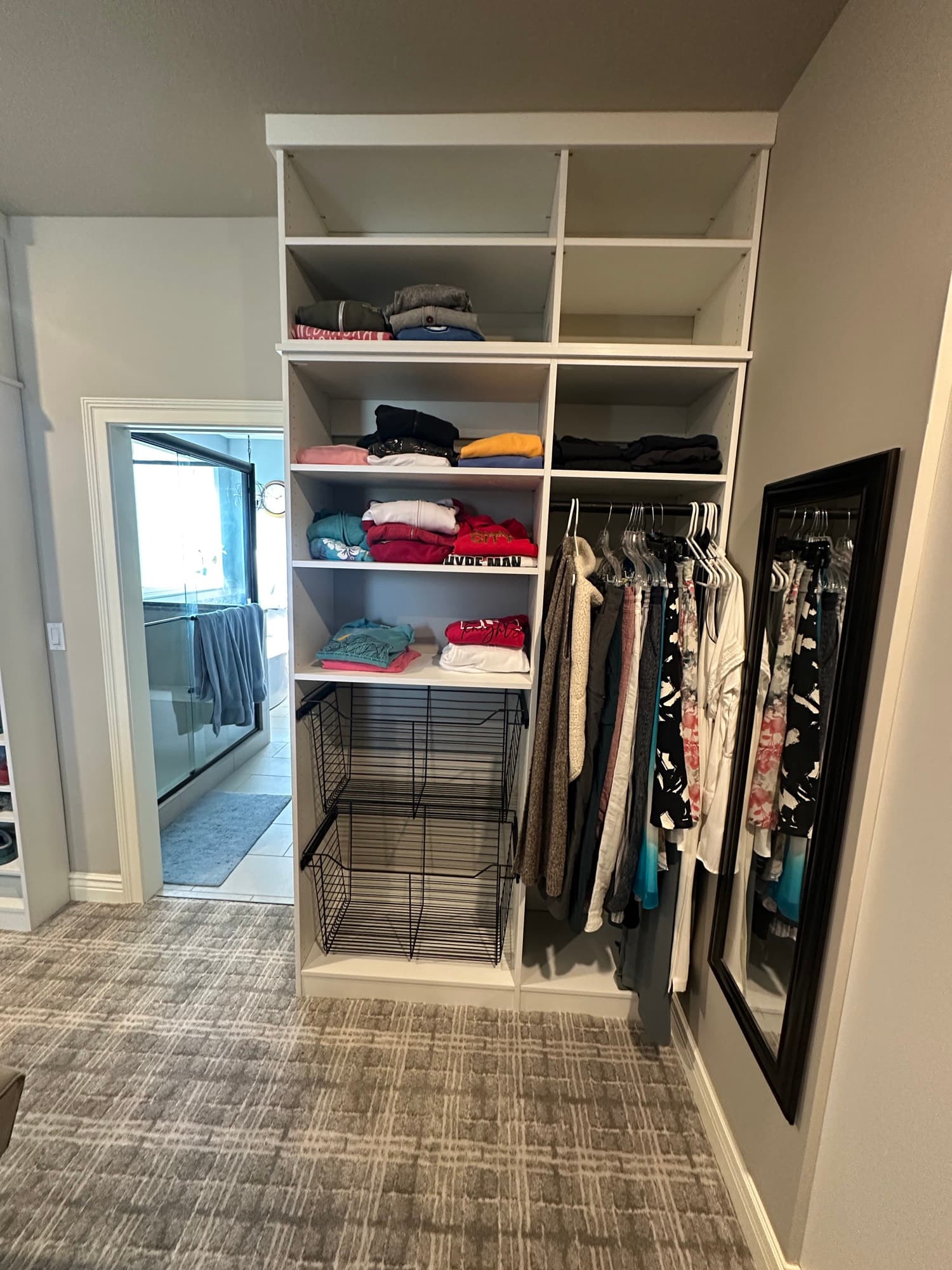 Walk-in closet drawers and shelves